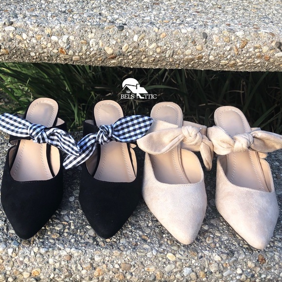 Black Gingham Bow Strap Kitten Heel Mule Pumps - Picture 7 of 8